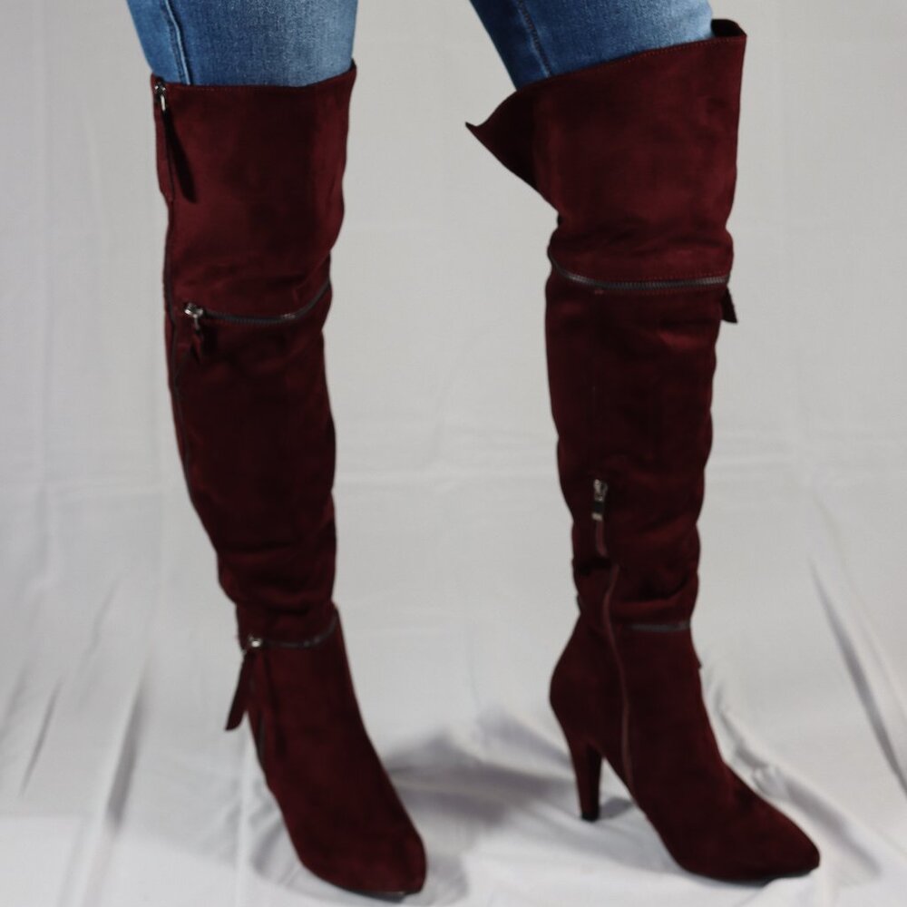Deep Maroon Vegan Suede Over The Knee High Heel Boots 6-1/2